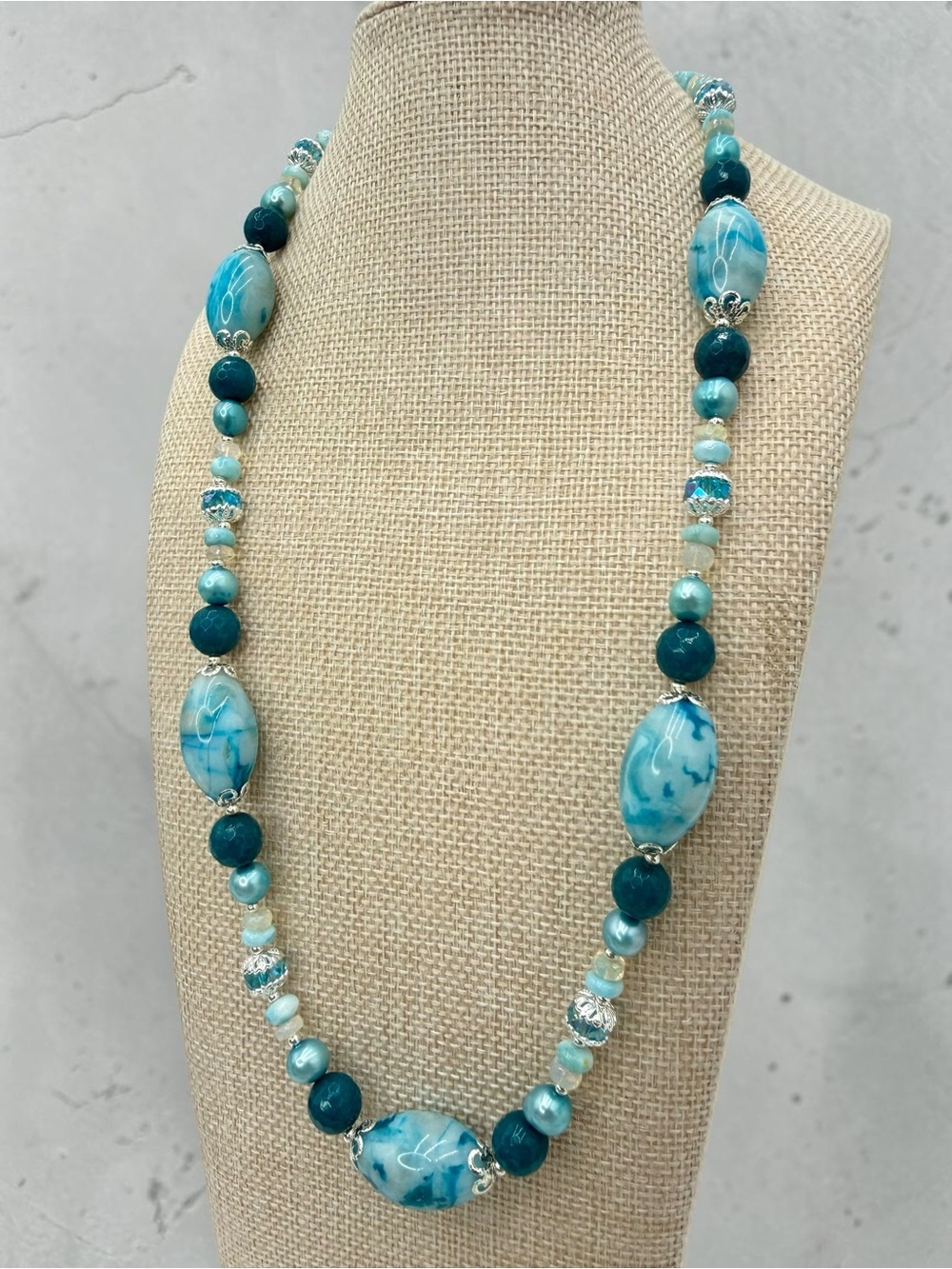 Artisan Murano Style Glass Larimar Apatite Opal Pearl Necklace 22” Ocean Blue - Picture 17 of 17